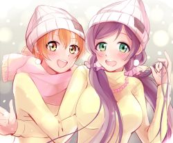 Rule 34 | 2girls, :d, arihara (arhr0), beanie, blush, breasts, green eyes, hair between eyes, hat, holding another&#039;s arm, hoshizora rin, large breasts, long hair, love live!, love live! school idol project, low twintails, multiple girls, open mouth, orange hair, purple hair, ruffling hair, scarf, scrunchie, short hair, smile, sweater, tojo nozomi, twintails, white sweater, yellow eyes