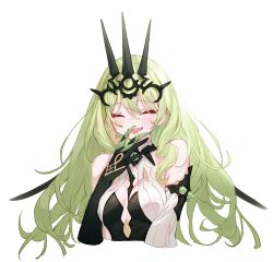 Rule 34 | 1girl, ^ ^, black gloves, blush, breasts, cleavage, closed eyes, gloves, green hair, hair between eyes, highres, honkai (series), honkai impact 3rd, laughing, long hair, medium breasts, mobius (honkai impact), open mouth, simple background, smile, tai (e3d1p), upper body, white background
