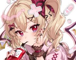 Rule 34 | 1girl, adapted costume, ahoge, bag, black ribbon, blonde hair, blood, blood bag, blush, bow, close-up, closed mouth, colored eyelashes, commentary, crossed bangs, crystal, curly hair, drinking, drinking straw, eyelashes, flandre scarlet, frilled wrist cuffs, frills, furrowed brow, grey background, hair between eyes, hair ribbon, hand on own cheek, hand on own face, heart, highres, holding, holding bag, jirai kei, looking at viewer, nail polish, no headwear, paragasu (parags112), pointy ears, red bow, red eyes, red nails, red wrist cuffs, ribbon, side ponytail, simple background, solo, symbol-only commentary, touhou, tsurime, white background, wings, wrist cuffs