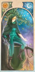 Rule 34 | 1boy, absurdres, art nouveau, bow (weapon), branch, brown footwear, cloak, closed mouth, crescent moon, crossbow, fate/extra, fate (series), flower, full body, green cloak, green pants, green shirt, hair over eyes, highres, hood, hooded cloak, leaf, male focus, maypole, moon, mouth hold, moyun, pants, robin hood (fate), shirt, short hair, solo, stalk in mouth, star (sky), star (symbol), tree, weapon, white flower