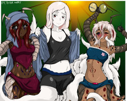 Rule 34 | 3girls, absurdres, adina (cpt.tester), arthropod girl, blanket, blind, claws, cpt.tester works, crossover, dark-skinned female, dark skin, glasses, group picture, highres, jewelry, looking at another, looking at viewer, looking away, monster girl, multiple girls, peaches (cpt.tester), red eyes, red hair, scar, scar on face, shell, shorts, skirt, strapless, tank top, tattoo, tent, tube top, white fur, white hair
