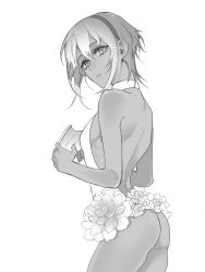 Rule 34 | 1girl, ass, dark skin, dark-skinned female, fate/grand order, fate/prototype, fate/prototype: fragments of blue and silver, fate (series), flower, greyscale, hassan of serenity (fate), looking at viewer, mask, unworn mask, monochrome, no panties, short hair, simple background, solo, white background, zuwai kani