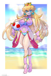 Rule 34 | 1girl, arms at sides, blonde hair, blue eyes, breasts, breasts apart, cleavage, cleavage cutout, clothing cutout, covered erect nipples, crown, full body, gloves, highres, looking to the side, mario (series), medium breasts, navel, navel cutout, nintendo, one-piece swimsuit, oomasa teikoku, open hands, pilot suit, pink one-piece swimsuit, plugsuit, princess peach, shiny clothes, solo, super mario bros. 1, swimsuit