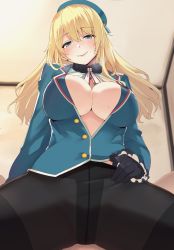 Rule 34 | 10s, 1girl, atago (kancolle), beret, blonde hair, blue eyes, blush, breasts, crotch seam, female focus, gloves, hat, kantai collection, large breasts, long hair, looking at viewer, mouth hold, no pants, nuko (mikupantu), pantyhose, smile, solo