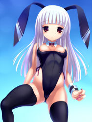 Rule 34 | 1girl, animal ears, black thighhighs, blue background, blunt bangs, blush, bow, bowtie, breasts, cameltoe, cleavage, detached collar, fake animal ears, female focus, from below, gradient background, highleg, hime cut, legs, leotard, long hair, looking at viewer, nail polish, original, parted lips, playboy bunny, rabbit ears, red eyes, silver hair, simple background, solo, sora to umi, thighhighs, wrist cuffs
