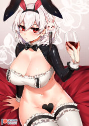 alcohol animal_ears azur_lane bechu black_bow black_bowtie bow bowtie braid breasts cleavage collarbone commentary_request cup detached_collar drinking_glass fake_animal_ears french_braid hair_between_eyes hair_ornament hairband heart_maebari holding holding_cup korean_commentary large_breasts leotard looking_at_viewer maebari meme_attire navel patreon_logo patreon_username playboy_bunny pursed_lips rabbit_ears rabbit_hair_ornament red_eyes reverse_bunnysuit reverse_outfit short_hair shrug_(clothing) silver_hair sirius_(azur_lane) sitting solo stomach thighhighs white_thighhighs wine wine_glass