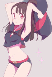 Rule 34 | 1girl, adapted costume, armpits, arms up, brown hair, cowboy shot, crop top, hat, kagari atsuko, little witch academia, looking at viewer, midriff, navel, panties, red eyes, shirt, sidelocks, sleeveless, sleeveless shirt, solo, sou (tuhut), sparkle, stomach, underwear, witch hat