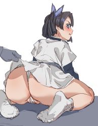 Rule 34 | 1girl, ass, black hair, blue eyes, blush, bow (bhp), butterfly hair ornament, clothes lift, dress, dress lift, hair ornament, kanzaki aoi (kimetsu no yaiba), kimetsu no yaiba, layered sleeves, lifting another&#039;s clothes, long sleeves, open mouth, panties, partially visible vulva, short over long sleeves, short sleeves, sitting, socks, solo focus, underwear, white background, white dress, white legwear, white panties