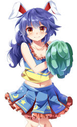 Rule 34 | 1girl, animal ears, blue hair, blue skirt, blush, rabbit ears, cheerleader, collarbone, crop top, e.o., extra ears, frilled skirt, frills, highres, knees together feet apart, looking at viewer, midriff, miniskirt, navel, orange eyes, pom pom (cheerleading), seiran (touhou), simple background, skirt, sleeveless, smile, solo, touhou, white background