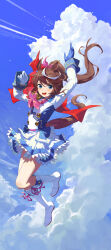 Rule 34 | 1girl, absurdres, animal ears, arms up, ascot, asymmetrical gloves, belt, blue eyes, blue gloves, blue shirt, blue skirt, blue sky, boots, bow, brown hair, buttons, c2h6o, capelet, cloud, collared shirt, commentary, contrail, day, epaulettes, falling, foot up, frilled skirt, frills, full body, gloves, gold trim, hair bow, highres, horse ears, horse girl, horse tail, knee boots, long hair, long sleeves, looking at viewer, midair, mismatched gloves, multicolored hair, open mouth, outdoors, pink ascot, pink bow, ponytail, red capelet, shirt, sideways glance, single epaulette, skirt, sky, sleeve cuffs, smile, solo, streaked hair, swept bangs, tail, tokai teio (umamusume), two-tone shirt, two-tone skirt, umamusume, white footwear, white gloves, white hair, white shirt, white skirt