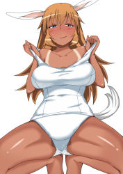 Rule 34 | 1girl, animal ears, blue eyes, blush, breasts, charlotte e. yeager, dark-skinned female, dark skin, komusou (jinrikisha), large breasts, long hair, one-piece swimsuit, one-piece tan, orange hair, rabbit ears, rabbit girl, rabbit tail, school swimsuit, smile, solo, squatting, strike witches, swimsuit, tail, tan, tanline, undressing, white one-piece swimsuit, white school swimsuit, world witches series