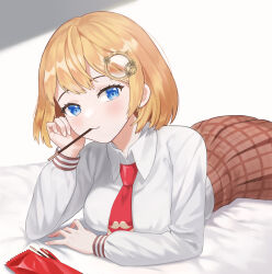 Rule 34 | 1girl, absurdres, bed, bed sheet, blonde hair, blue eyes, bob cut, breasts, brown skirt, collared shirt, food, food in mouth, hair ornament, hand on own chin, head tilt, highres, hololive, hololive english, indoors, korean commentary, large breasts, light blush, looking at viewer, lying, necktie, on stomach, plaid, plaid skirt, pleated skirt, pocky, pocky day, pocky in mouth, prock, red necktie, shirt, short hair, short necktie, simple background, skirt, smile, solo, translated, virtual youtuber, watson amelia, white background, white shirt