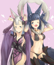 Rule 34 | &gt;;d, 2girls, ;d, animal ears, bikini, black bikini, black hair, black legwear, blue eyes, blush, breasts, cleavage, closed mouth, collarbone, detached sleeves, erune, fang, fox ears, fox shadow puppet, fox tail, gloves, granblue fantasy, hair ornament, hand gesture, heart, highres, locked arms, long hair, looking at viewer, medium breasts, multiple girls, navel, one eye closed, open mouth, perorin, pink background, silver hair, smile, societte (granblue fantasy), sparkle, swimsuit, tail, thighhighs, v-shaped eyebrows, very long hair, yuel (granblue fantasy)