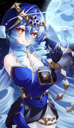 Rule 34 | 1girl, absurdres, amaneiru, bare shoulders, black gloves, blue hair, commentary request, cowboy shot, detached sleeves, genshin impact, gloves, hair between eyes, highres, hood, juliet sleeves, layla (genshin impact), long hair, long sleeves, looking at viewer, pantyhose, partial commentary, puffy sleeves, smile, solo, standing, thighlet, very long hair, white pantyhose, yellow eyes
