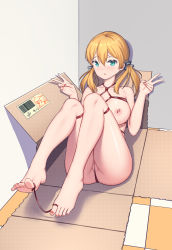 Rule 34 | 1girl, absurdres, anchor hair ornament, aqua eyes, bdsm, blonde hair, bondage, bound, box, breast bondage, breasts, cardboard box, cleft of venus, corner, crotch rope, double v, foreshortening, hair ornament, hat, highres, in box, in container, kantai collection, large breasts, long hair, low twintails, nail polish, nipple piercing, nipples, nude, piercing, prinz eugen (kancolle), red nails, red rope, rope, shibari, sitting, solo, toenail polish, toenails, twintails, v, wedgie, xiaoxi0619