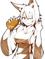 Rule 34 | 1girl, animal ears, brown eyes, dress, fig sign, fox ears, hair between eyes, hand gesture, hands up, highres, kuroleo, long sleeves, looking at viewer, monochrome, one eye closed, short hair, solo, spot color, tabard, tongue, tongue out, touhou, upper body, valentine, wide sleeves, yakumo ran
