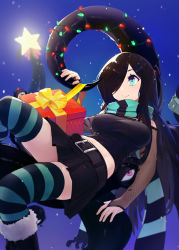 Rule 34 | 1girl, amissio, aria wintermint, bare shoulders, belt, black hair, black skirt, blush, borrowed character, box, breasts, cleavage, gift, gift box, goth fashion, green eyes, hair over one eye, holding, large breasts, long hair, looking at viewer, night, outdoors, pleated skirt, scarf, skirt, smile, solo, star (symbol), striped clothes, striped scarf, striped thighhighs, thighhighs, unsomnus, very long hair, zettai ryouiki