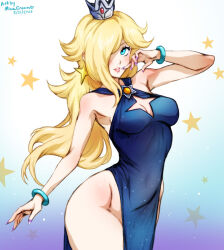Rule 34 | 1girl, alternate costume, aqua eyes, arm up, artist name, bare shoulders, blonde hair, blue dress, bracelet, breasts, cleavage, cleavage cutout, clothing cutout, commentary, crown, dated, dress, earrings, english commentary, fingernails, hair over one eye, jewelry, lips, long hair, mario (series), medium breasts, mina cream, nintendo, parted lips, pelvic curtain, purple nails, rosalina, solo, star (symbol), star earrings, super mario galaxy, taut clothes, taut dress, very long hair, wavy hair
