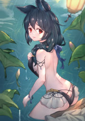 Rule 34 | 1girl, animal ears, ass, backless bikini bottom, bare shoulders, bikini, black bikini, black hair, blue bow, blush, bow, breasts, butt crack, commentary, erune, granblue fantasy, hair between eyes, halterneck, hand up, highres, lantern, long hair, looking at viewer, looking back, medium breasts, nier (granblue fantasy), nier (lover by the lily lake) (granblue fantasy), parted lips, rain, red eyes, revision, ripples, smile, solo, swimsuit, symbol-only commentary, uneg, water