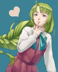 Rule 34 | 1girl, blue background, blue eyes, bow, bowtie, braid, dress, finger to mouth, green hair, halterneck, heart, kantai collection, lips, long hair, long sleeves, mole, mole under mouth, pink dress, school uniform, shirt, sleeveless, sleeveless dress, solo, sonozaki03, very long hair, white shirt, yuugumo (kancolle)