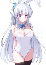 Rule 34 | 1girl, absurdres, animal ears, bare shoulders, black thighhighs, blue archive, blue bow, blue bowtie, bow, bowtie, breasts, cleavage, detached collar, fake animal ears, grey hair, groin, halo, headphones, heart, heart-shaped pupils, highleg, highleg leotard, highres, large breasts, leotard, long hair, looking at viewer, mechanical halo, mikkan0727, noa (blue archive), playboy bunny, purple eyes, rabbit ears, simple background, smile, solo, strapless, strapless leotard, symbol-shaped pupils, thighhighs, wrist cuffs