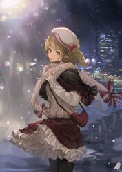 Rule 34 | 1girl, alternate costume, aran sweater, bag, black pantyhose, blonde hair, bow, cable knit, capelet, cityscape, contemporary, cross, cross earrings, day, earrings, flandre scarlet, hat, hat bow, heart, highres, jewelry, looking at viewer, miniskirt, night, outdoors, pantyhose, petticoat, pointy ears, red bow, red eyes, red skirt, ribbed sweater, scarf, shoulder bag, side ponytail, signature, skirt, snow, snowing, solo, sweater, tongue, tongue out, touhou, white scarf, you (shimizu)