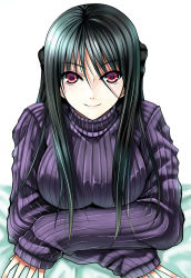 Rule 34 | 1girl, black hair, breasts, large breasts, mugenshiki, original, red eyes, ribbed sweater, solo, sweater