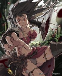 Rule 34 | 10s, 1girl, armor, blood, breasts, brown hair, cleavage, cuts, cygames, facial mark, feathers, foreshortening, front-tie top, image sample, injury, jungle, large breasts, len (a-7), markings, midriff, nature, navel, panties, pantyshot, pixiv sample, red eyes, shingeki no bahamut, solo, sword, tree, underwear, weapon