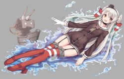 Rule 34 | 10s, 1girl, absurdres, amatsukaze (kancolle), asymmetrical gloves, brown eyes, collar, collarbone, dress shirt, garter straps, gloves, google (asdek18), grey background, hair ornament, hairband, highres, kantai collection, long hair, looking at viewer, open mouth, shirt, silver hair, simple background, solo, thighhighs, twintails, two side up, uneven gloves, white gloves