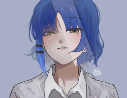 Rule 34 | 1girl, absurdres, blue hair, bocchi the rock!, closed mouth, collared shirt, hair ornament, highres, looking at viewer, mole, mole under eye, parted bangs, portrait, puffy short sleeves, puffy sleeves, shirt, short sleeves, signature, simple background, sokura (mochichitose), solo, white shirt, yamada ryo, yellow eyes