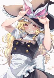 Rule 34 | apron, arms up, black shirt, black skirt, blonde hair, blush, bow, braid, buttons, commentary, commentary request, fingernails, frilled apron, frilled hat, frills, hands up, hat, highres, kirisame marisa, long hair, long skirt, looking at viewer, nail, nail polish, orange eyes, pinching, pink bow, pink nails, shirt, short sleeves, signature, simple background, single braid, skirt, touhou, two-tone bow, two-tone eyes, unfinished dream of all living ghost, user gcxy7887, white apron, white background, white bow, witch, witch hat