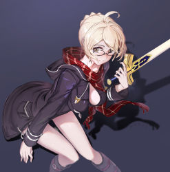 Rule 34 | 1girl, ahoge, arm at side, artoria pendragon (all), artoria pendragon (fate), bad id, bad pixiv id, belt boots, black-framed eyewear, black background, black coat, blonde hair, boots, braid, breasts, closed mouth, coat, drawstring, duffel coat, excalibur (fate/stay night), fate/grand order, fate (series), french braid, fringe trim, glasses, hair bun, hand up, holding, holding sword, holding weapon, hood, hood down, hooded coat, knee boots, long sleeves, looking at viewer, medium breasts, mysterious heroine x alter (fate), mysterious heroine x alter (first ascension) (fate), naked coat, plaid, plaid scarf, pocket, purple footwear, rabbit (tukenitian), red scarf, saber (fate), scarf, shadow, short hair, sidelocks, signature, simple background, single hair bun, solo, sword, thigh gap, thighhighs, unsheathed, weapon, winter clothes, winter coat, yellow eyes