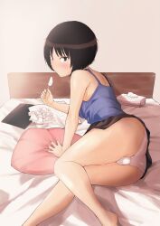 Rule 34 | 1girl, amagami, aoyama kiiro, ass, bed, black skirt, blue camisole, blush, breasts, brown eyes, brown hair, camisole, closed mouth, female focus, food, highres, holding, holding food, indoors, looking at viewer, on bed, panties, pantyshot, pillow, popsicle, short hair, skirt, small breasts, solo, sweat, tachibana miya, tissue, tissue box, underwear, upskirt, white panties
