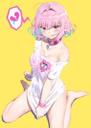 Rule 34 | 1girl, :p, barefoot, blue hair, bracelet, breasts, broken heart, collar, earrings, feet, female focus, heart, highres, idolmaster, idolmaster cinderella girls, jewelry, joker (tomakin524), multicolored hair, off shoulder, oversized clothes, pill earrings, pink eyes, pink hair, ring, shirt, short hair, simple background, sitting, smile, solo, t-shirt, toes, tongue, tongue out, wariza, yellow background, yumemi riamu