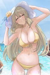 Rule 34 | 1girl, :d, ^ ^, absurdres, adjusting clothes, adjusting headwear, armpits, bikini, blue archive, blue sky, breasts, cleavage, closed eyes, collarbone, commentary request, gluteal fold, grey hair, grin, hair between eyes, halo, hat, head tilt, highres, horizon, large breasts, long hair, looking at viewer, navel, nonomi (blue archive), nonomi (swimsuit) (blue archive), ocean, official alternate costume, ogura toast, open mouth, side-tie bikini bottom, sidelocks, sky, sleeveless, smile, solo, spaghetti strap, stomach, sun hat, sunlight, swimsuit, wet, wet clothes, wet swimsuit, yellow bikini