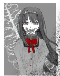 Rule 34 | 1girl, akemi homura, an sin, black hair, black hairband, border, bow, bowtie, covered mouth, grey background, hairband, highres, long hair, long sleeves, looking at viewer, mahou shoujo madoka magica, mahou shoujo madoka magica: walpurgis no kaiten, mitakihara school uniform, purple eyes, red bow, red bowtie, salamander, school uniform, solo, spine, spot color, upper body, white border