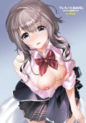 Rule 34 | 1girl, arm at side, artist name, black jacket, black skirt, blazer, blue eyes, blush, bow, bowtie, breast hold, breasts, breasts out, brown hair, clothes around waist, collared shirt, comic bavel, cowboy shot, dress shirt, eyebrows, gradient background, grey hair, hair between eyes, hand up, highres, holding, holding another&#039;s arm, jacket, jacket around waist, large breasts, long sleeves, looking at viewer, miniskirt, nipples, no bra, non-web source, nose blush, open mouth, original, plaid, plaid skirt, pleated skirt, school uniform, see-through, shirt, short hair with long locks, sidelocks, skirt, sleeves rolled up, solo, standing, striped bow, striped bowtie, striped clothes, striped neckwear, unbuttoned, unbuttoned shirt, wet, wet clothes, wet hair, wet shirt, white shirt, yanyo (ogino atsuki)