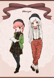 Rule 34 | &gt;:), 2girls, alternate costume, alternate hairstyle, bad id, bad pixiv id, bobby socks, book, bow, bowtie, braid, brooch, brown eyes, crossed legs, doily, english text, fedora, female focus, fujiwara no mokou, full body, hands in pockets, hat, heart, highres, jewelry, kaenbyou rin, mnmktn, multiple girls, one eye closed, open book, pants, pantyhose, pink background, plaid, plaid pants, ribbon, socks, standing, striped clothes, striped legwear, striped pantyhose, suspenders, torn clothes, touhou, twin braids, twintails, v-shaped eyebrows, vertical-striped clothes, vertical-striped legwear, vertical-striped pantyhose, white hair, white legwear, wink