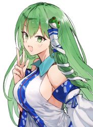 Rule 34 | 1girl, :d, bad id, bad twitter id, bare shoulders, breasts, commentary, detached sleeves, frog hair ornament, green eyes, green hair, hair between eyes, hair ornament, hair tubes, hand up, highres, kochiya sanae, large breasts, long hair, long sleeves, looking at viewer, open mouth, shirt, sideboob, sidelocks, simple background, smile, snake hair ornament, solo, suminagashi, touhou, upper body, w, white background, white shirt
