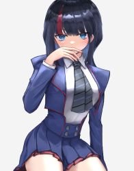 Rule 34 | 1girl, absurdres, black hair, blue eyes, blue jacket, blue skirt, covering own mouth, fate/requiem, fate (series), grey background, hand over own mouth, highres, jacket, multicolored hair, necktie, pleated skirt, skirt, streaked hair, user vscj3727, utsumi erice