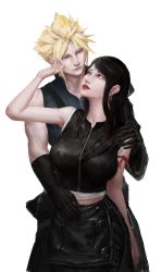 Rule 34 | 1boy, 1girl, absurdres, apron, arm ribbon, black hair, blonde hair, blue eyes, breasts, cloud strife, couple, crop top, earrings, final fantasy, final fantasy vii, final fantasy vii advent children, gloves, highres, hug, hug from behind, jewelry, large breasts, long hair, looking at another, red eyes, red lips, ribbon, spiked hair, square enix, tifa lockhart, waist apron, white background, zoewingsz
