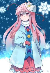 Rule 34 | 1girl, buttons, circle, coat, commentary request, cross, fox mask, gloves, hata no kokoro, hopeless masquerade, long hair, long sleeves, looking to the side, mask, mask on head, open clothes, open coat, pink eyes, pink hair, plaid, plaid shirt, scarf, shirt, skirt, snowflakes, snowing, solo, star (symbol), touhou, white scarf, yutamaro