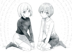 Rule 34 | 2boys, blush, closed mouth, facial mark, forehead mark, full body, greyscale, long sleeves, looking at viewer, mahoutsukai no yakusoku, male focus, mitile flores, monochrome, multiple boys, necktie, riquet (mahoutsukai no yakusoku), short hair, sitting, tomo (sjim), white background