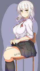 Rule 34 | 1girl, alternate costume, black legwear, black skirt, body writing, breasts, carmilla (fate), fate/grand order, fate (series), highres, large breasts, long hair, looking at viewer, myumi, pleated skirt, shirt, silver hair, sitting, skirt, sleeves rolled up, solo, white shirt, yellow eyes