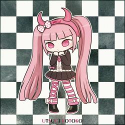 Rule 34 | 10s, 1girl, ayu (mog), black skirt, bow, danganronpa (series), danganronpa another episode: ultra despair girls, fake horns, hair bow, hairband, horns, jacket, long hair, open clothes, pink eyes, pink hair, pout, skirt, solo, striped clothes, striped thighhighs, thighhighs, twintails, utsugi kotoko, very long hair