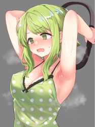 Rule 34 | 1girl, @ @, absurdres, armpits, arms behind head, blush, breasts, camisole, cleavage, exercising, festa11307070, green eyes, green hair, highres, medium breasts, morinaka kazaki, nijisanji, open mouth, ring fit adventure, simple background, solo, sweat, upper body, virtual youtuber