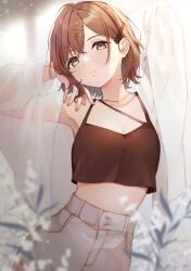 Rule 34 | 1girl, armpits, arms up, black tank top, blurry, blurry foreground, blush, breasts, brown hair, cleavage, collarbone, commentary, crop top, depth of field, expressionless, hair ornament, hairpin, highres, higuchi madoka, idolmaster, idolmaster shiny colors, looking at viewer, mameyanagi, medium breasts, mole, mole under eye, see-through, see-through shirt, shirt, short hair, solo, tank top, wavy hair, white shirt