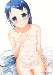 Rule 34 | 1girl, artist name, bed sheet, blue eyes, blue hair, blush, breasts, collarbone, commentary request, covering privates, gradient hair, hand on own chest, jewelry, kantai collection, long hair, looking at viewer, mae (maesanpicture), multicolored hair, nude, nude cover, open mouth, ring, samidare (kancolle), sitting, small breasts, solo, swept bangs, towel, twitter username, very long hair, wedding band, wet