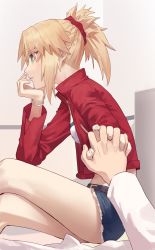 Rule 34 | 1girl, bandeau, blonde hair, braid, crown braid, cutoffs, denim, denim shorts, fate/grand order, fate (series), from side, green eyes, head rest, highres, holding hands, jacket, legs, crossed legs, midriff, mordred (fate), mordred (memories at trifas) (fate), red jacket, red scrunchie, scrunchie, short ponytail, shorts, solo, tesin (7aehyun), thighs