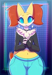 Rule 34 | 1boy, androgynous, animal ears, biting own lip, blue background, blue eyes, braixen, bulge, choker, creatures (company), cropped jacket, eyelashes, fingerless gloves, fox ears, fox tail, fur trim, furry, game freak, gen 6 pokemon, gloves, heart, highres, long hair, looking at viewer, male focus, midriff, navel, nintendo, panties, pokemon, pokemon (creature), polka dot, polka dot background, r-mk, slit pupils, standing, tail, thick thighs, thighs, trap, underwear, wide hips